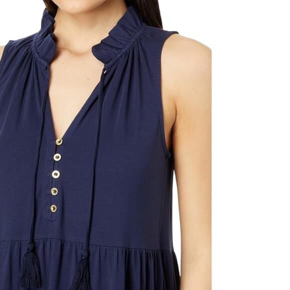 NWOT Lilly Pulitzer Malone Navy Blue Maxi Dress Size Small Tiered Tassel Boho - Picture 2 of 11